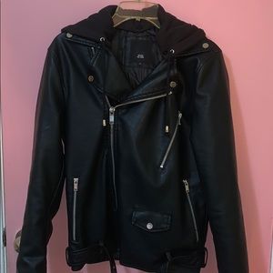 Faux leather biker jacket with detachable hoodie